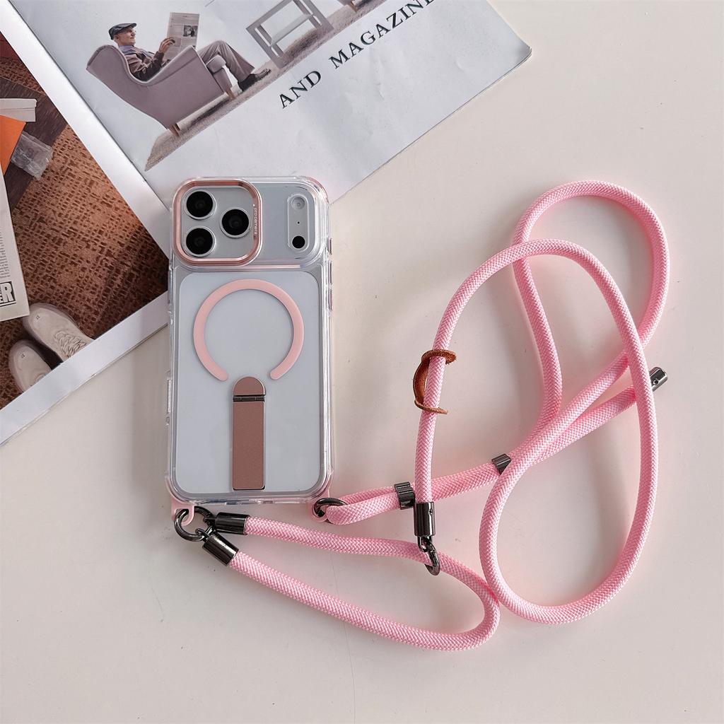 8.0mm Crossbody Strap Magnetic Case For iPhone 17 Pro Max 16 15 14 Clear Cover Metal Stand 4-Corners Protection Drop Resistant