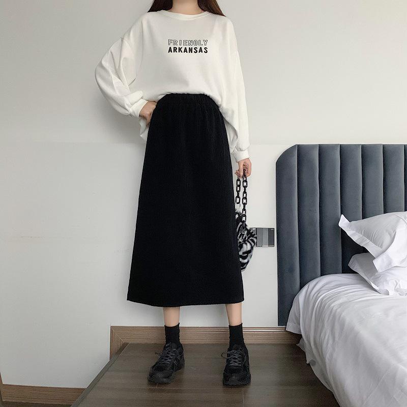 

Black Corduroy Hip-Wrapping Midi Skirt Set for Women - Autumn/Winter XS