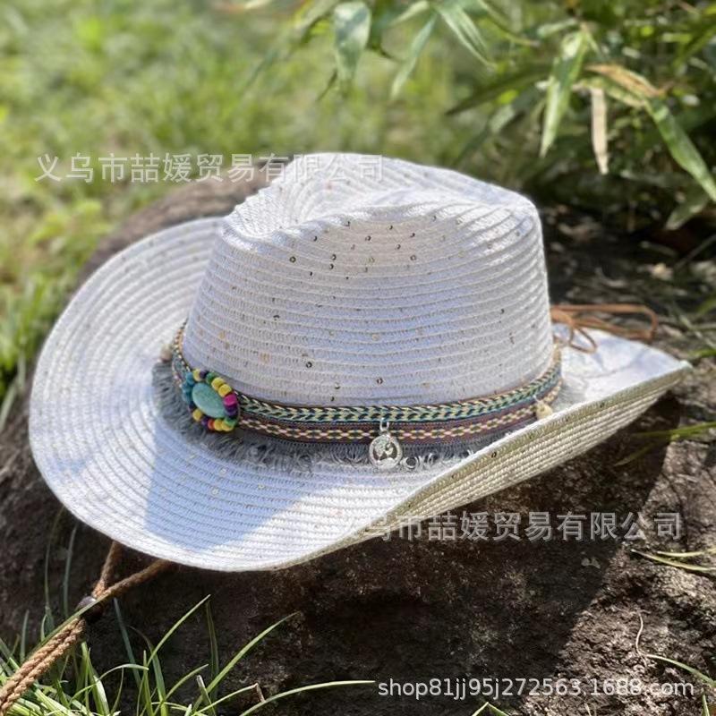 Ethnic style fringed webbing sequined straw hat travel sunscreen shading mountaineering Tibetan western cowboy hat