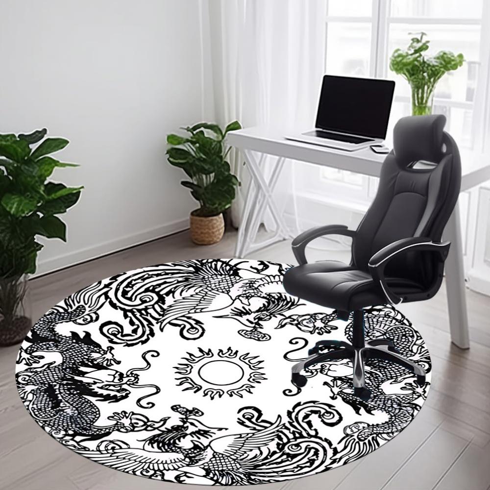1pc Dragon Phoenix Circle Chair Carpet for Office, Round Non Slip Durable Large Size Office Carpet, Suitable for Office