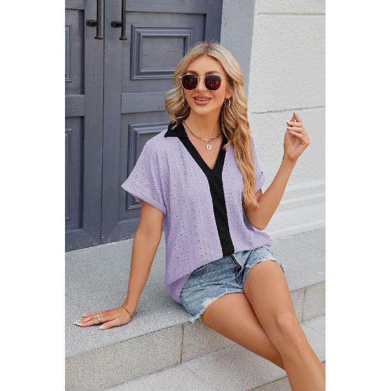 2026 Spring/Summer New V-neck Contrast Color Short Sleeve Loose T-shirt Women's Casual Top