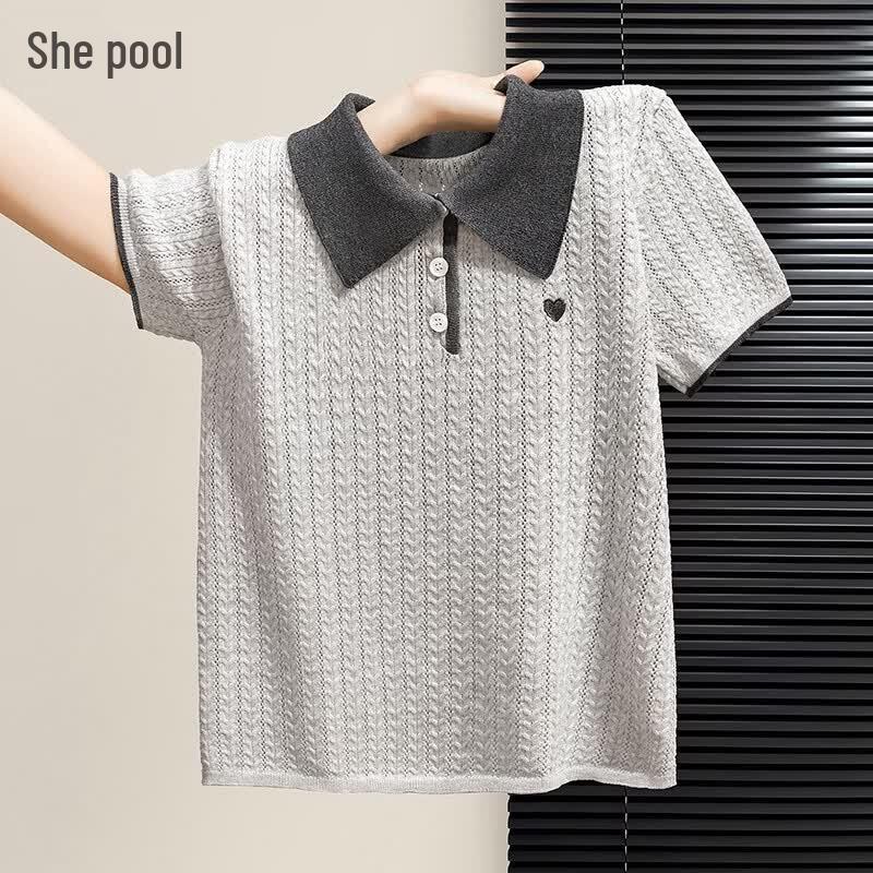 Women s Lamb Wool Blend Short Sleeve Lapel Knit Top One Size