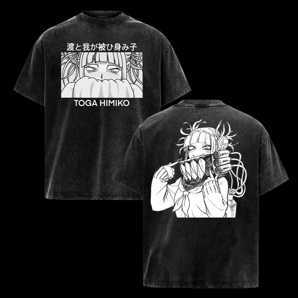 431. Washed Tee My Hero Academia Toga Himiko Anime T-shirt Gothic Washed Oversized T Shirt Men Women Clothing Short Sleeve Cotton Tees Tops oversize
