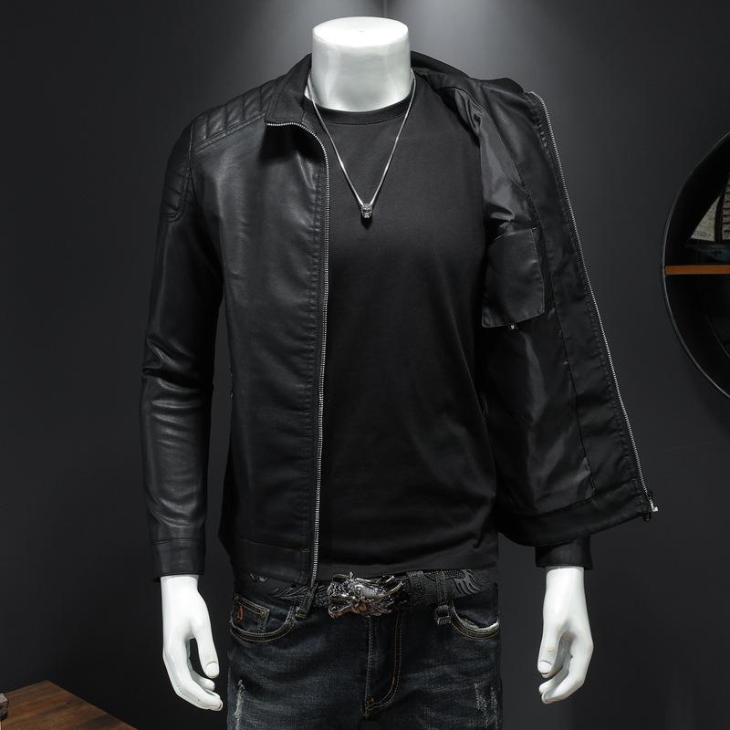 Men's Stand Collar Slim Fit Leather Motorcycle Jacket - 2024 Autumn/Winter Korean Style Outerwear