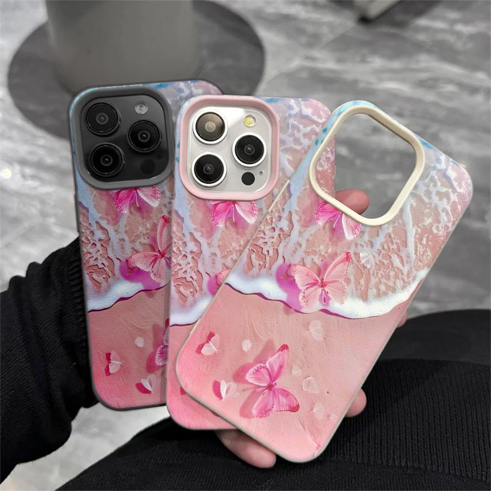 Phone Case For Samsung S23 Ultra S24 Ultra S25 Ultra A15 A16 A26 A36 A56 Luxury Pink Beach Butterfly Durable Shockproof Case
