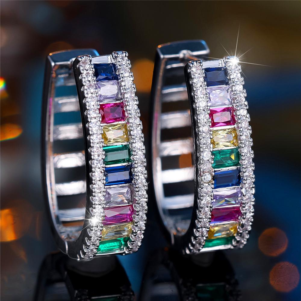 Charm Female Rainbow Zircon Stone Hoop Earrings Silver Color Wedding Jewelry For Women