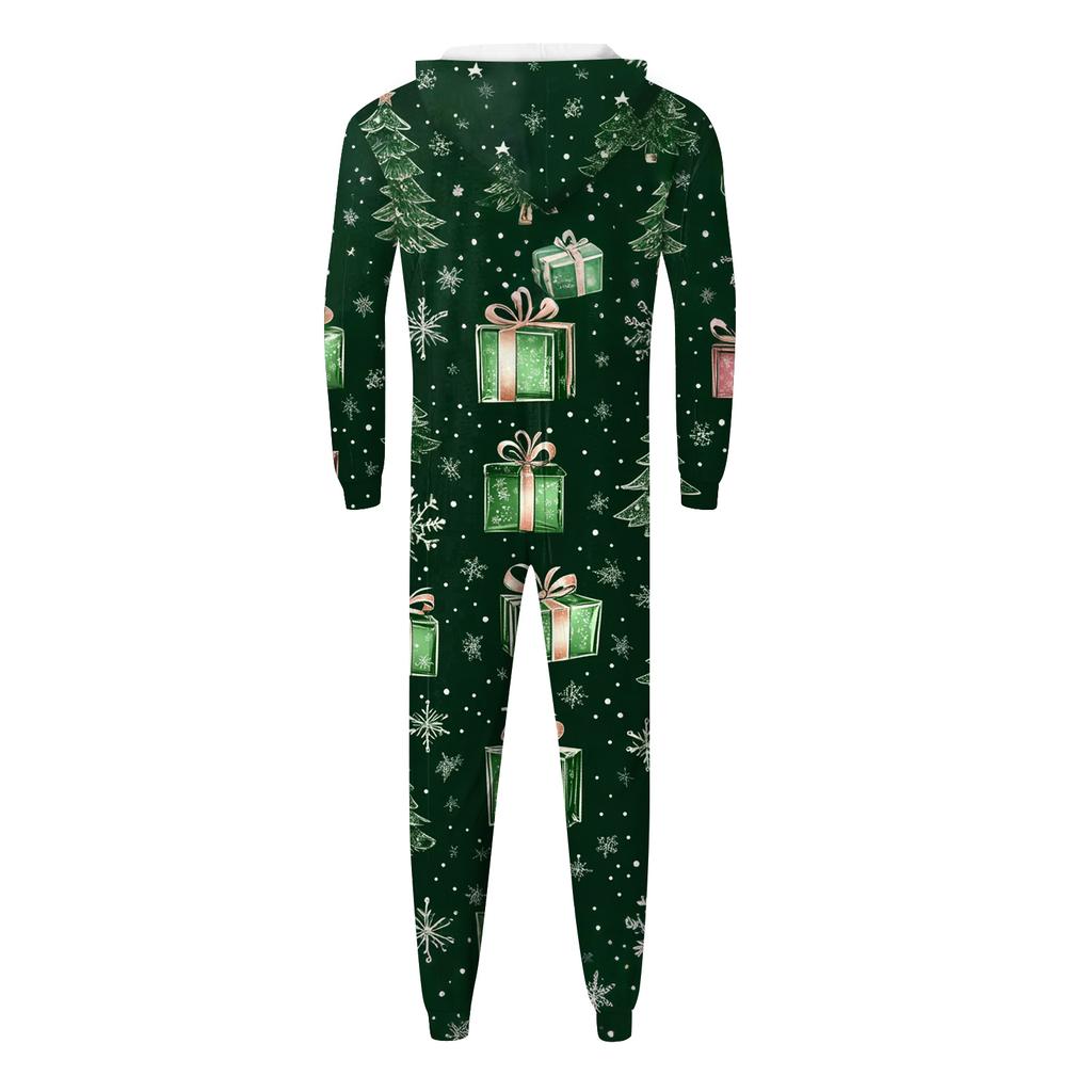 Christmas Print Family Matching Hooded Long Sleeved Zippered Jumpsuit Set