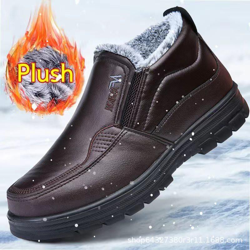 Mens Winter Waterproof PU Snow Boots Thick Insulated Slip-On Warm Casual Low-Cut Middle-Aged Seniors