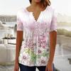 Color Block Tunic Tops For Women Floral Print Crewneck Casual Blouse Buttons Pleated Short Sleeve Loose Pullover Shirt