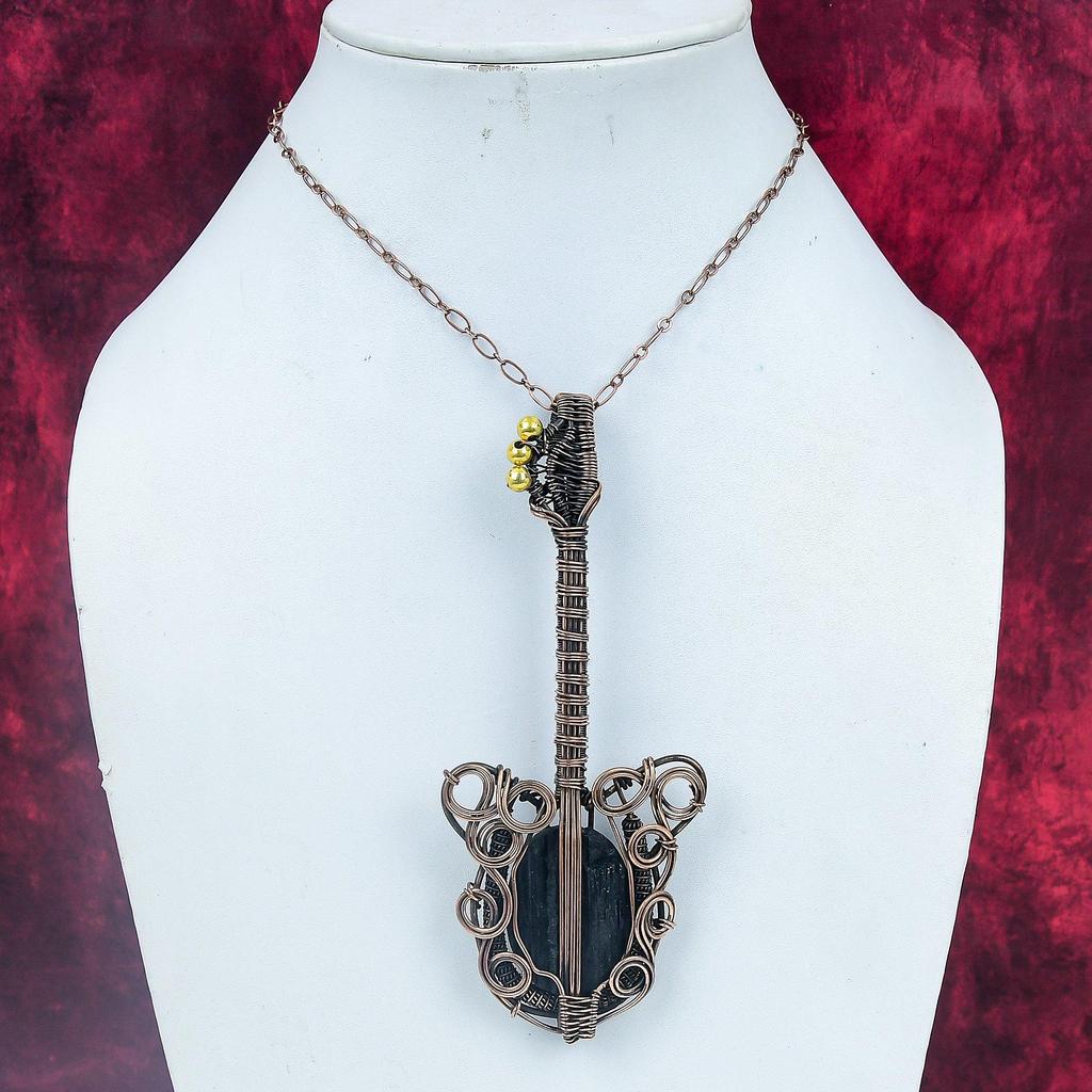 Black Tourmaline Rough Gemstone Pendant Guitar Copper Wire Wrapped Unique Pendant