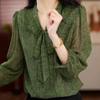 Elegant Plus Size Green Floral Chiffon Bow Top for Women