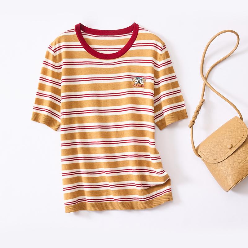 Round Neck Striped Shoulder Short-sleeved T-shirt for Women