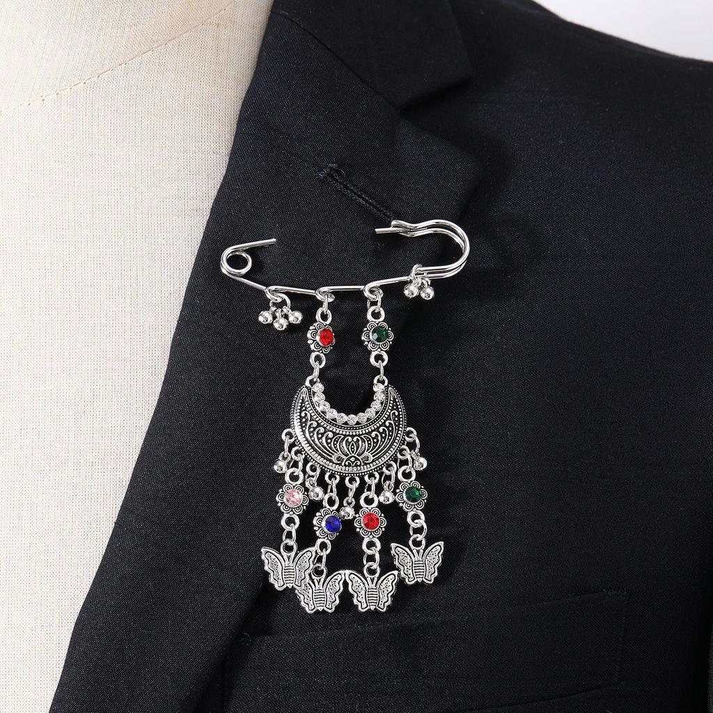 Bohemian Rhinestone Flower Tassel Brooch for Women - Exotic Style Suit Coat Pin