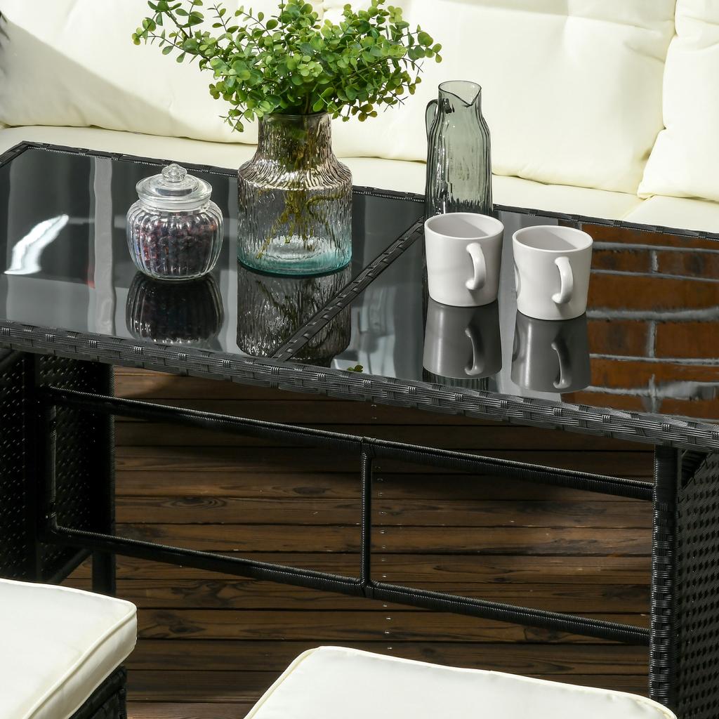 5 Seater Rattan Garden Furniture Set, 6 Piece Garden Sofa Set, Armchairs, 3-Seater Sofa, Footstools, Glass Dining Table, Cushions