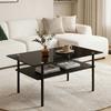 Modern Coffee Table with Black Glass Top, MDF Shelf and Metal Frame, Rectangular Sofa Table with 2-Tier Storage, Black-H45/W98/D58 Cm
