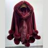 European & American Plus Size Fur Collar Hooded Cloak Shawl Women's Knit Cardigan Cape Coat for Autumn & Winter