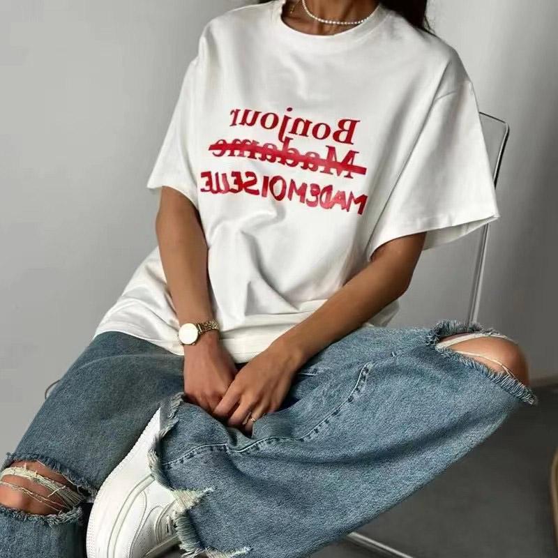 Simplicity Letter Printed Cotton T Shirt Women Summer White Loose Short Sleeve Round Neck Tops Casual Basic Lady Clothes