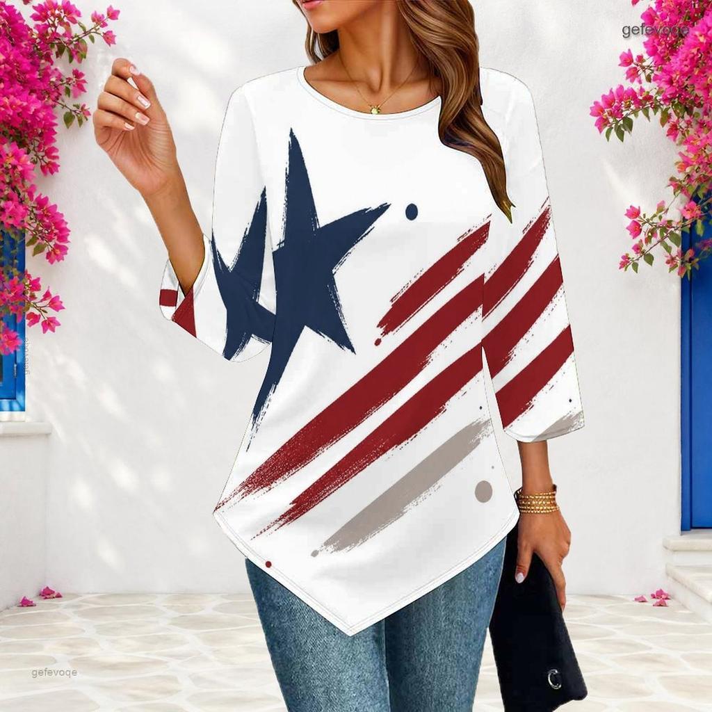 Womens Plus Size Casual Three Quarter Sleeve Blouse Pointed Hem Soft Breathable Daily Ladies Outfit Top