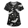 Women's Halloween Print Loose Fit V Neck Pocket Short Sleeve Medical Scrub Top Nurse Uniform Workwear