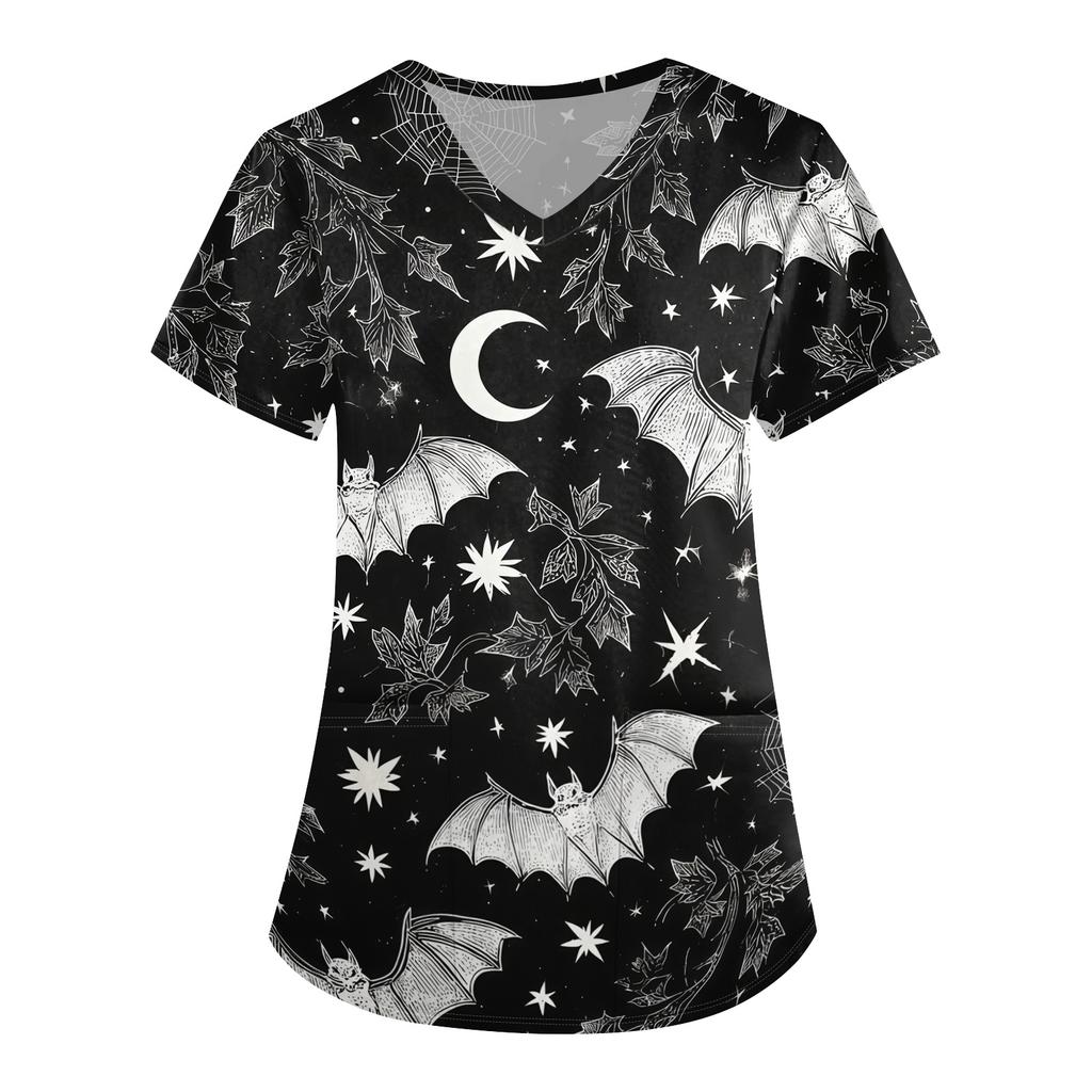 Women's Halloween Print Loose Fit V Neck Pocket Short Sleeve Medical Scrub Top Nurse Uniform Workwear
