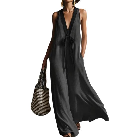 

Women Color Block V Deep Dress Sleeveless Neck Maxi Flowy Loose Long M сірий