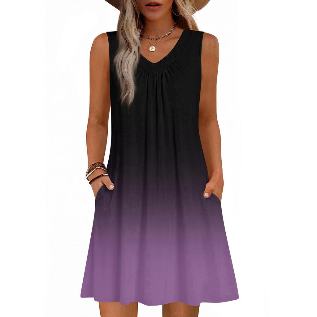 Dámské módní letní tílko bez rukávů s V-výstřihem, s kapsou, ležérní volné šaty
