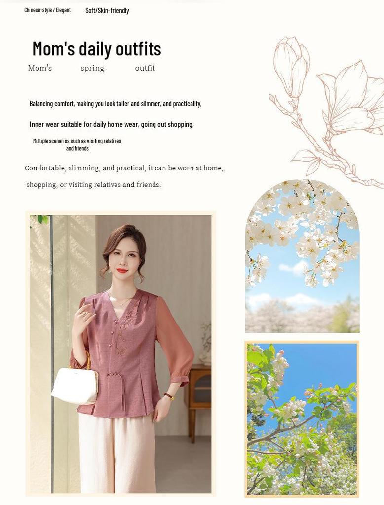 Stylish Embroidered Summer Top for Middle-Aged and Elderly Women - Seven-Sleeve Design (HGC88515)