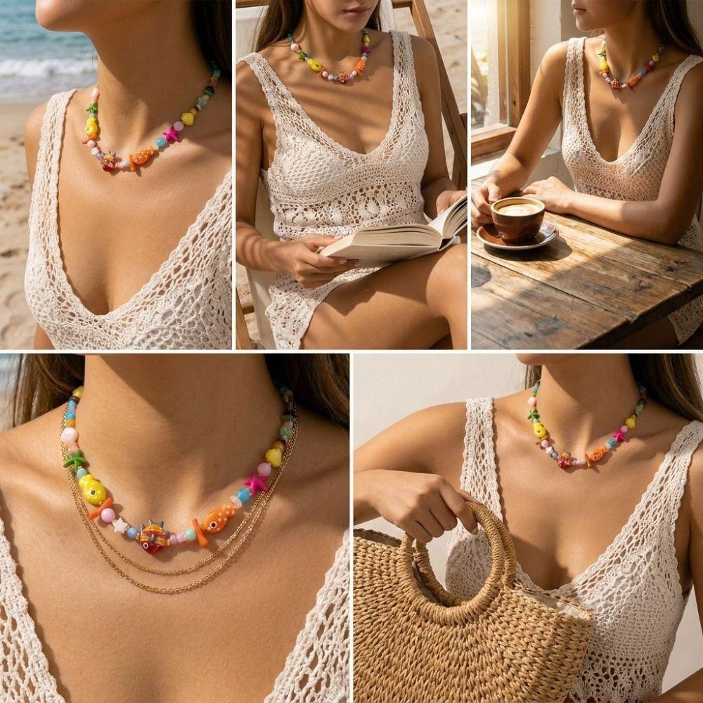 Handmade Bohemian Shell Necklace Colorful Ceramic Ocean Series Necklace For Women
