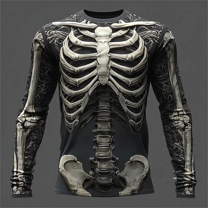 3D Flame Skull Pattern T-Shirt Men's Long-Sleeve Casual Fashion T-Shirt Top Sweatshirt Breathable Streetwear Oversized T-Shirt