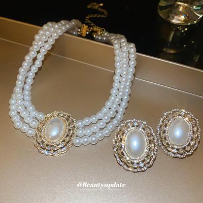 Artificial Pearl Multi-layer Diamond Stud Earrings Necklace Set Light Luxury Collarbone Chain Retro Court Style Jewelry