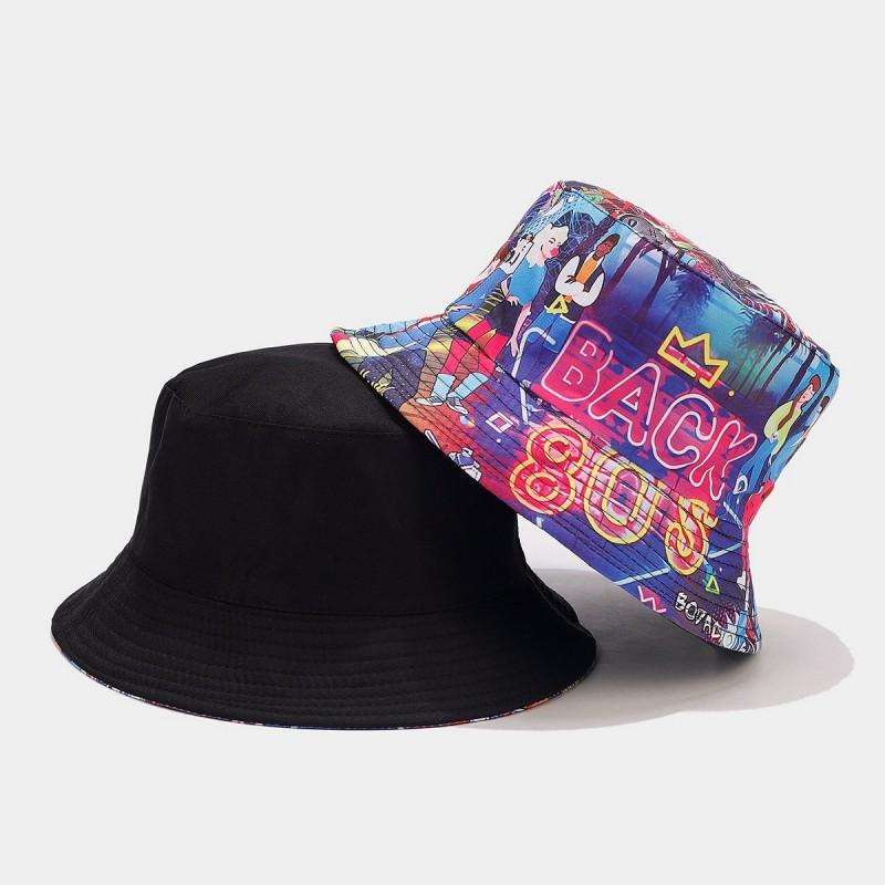 Europäischer und Amerikanischer Retro Klassiker 80er 90er Party Fischerhut Unisex Mode Graffiti Wendbarer Fischerhut
