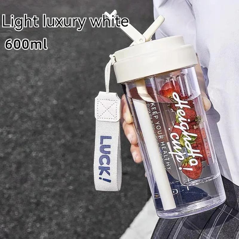 600ML Water Cup Handy Sports Water Bottle Food Grade Material Tea Partition Water Cup Female Straw Summer Portable Bottle