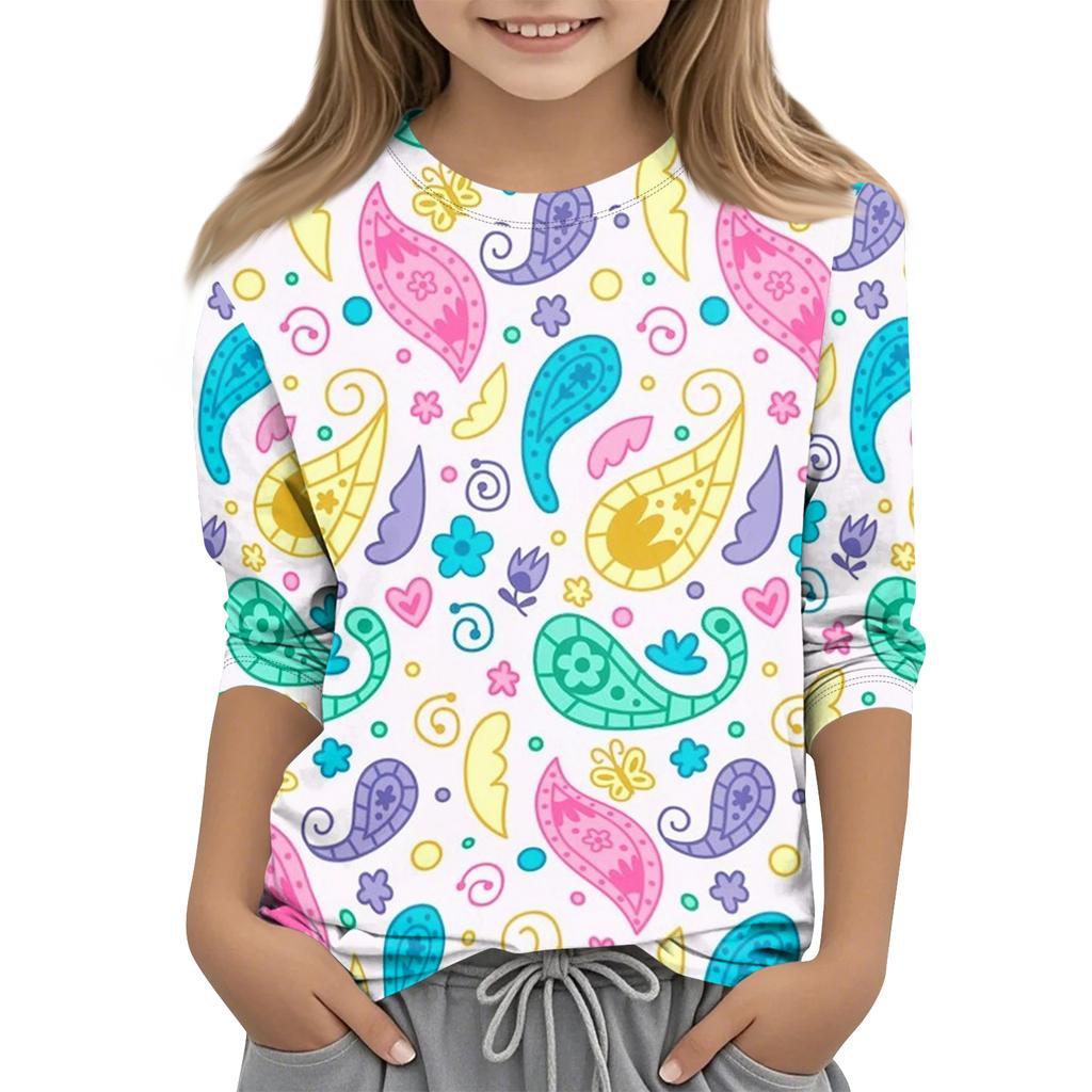 Children's Printed Round Neck Seven Quarter Sleeve Casual T-shirt