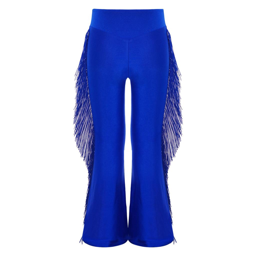 Chłopięce spodnie do tańca latynoamerykańskiego elastyczny pas z frędzlami styl dzwonów spodnie do występów ballroomowych