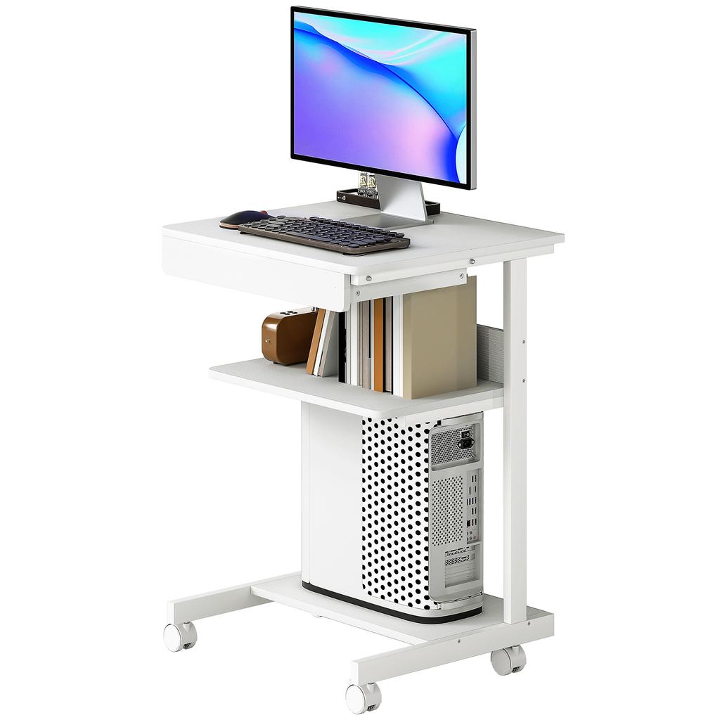 Rolling Desk with Drawer and Shelves, 4 Wheels, Compact, Chipboard, Metal
