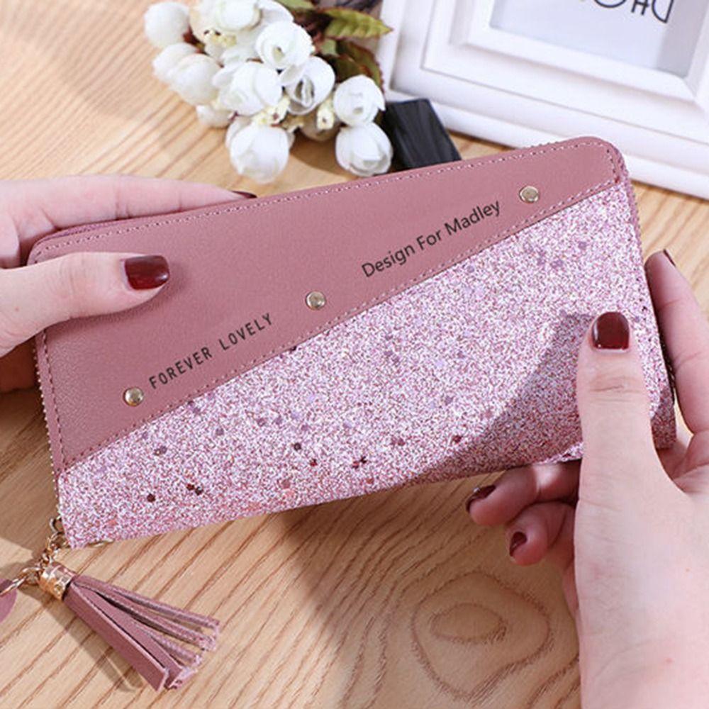 

PU Leather Women Long Purse Tassel Pendant Square Card Bag Causal Woman Clutch Wallet Daily рожевий