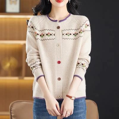 Women Sweater Coat Retro Jacquard Knitwear Jacket Ladies  Early Spring Autumn Outerwear Loose Top