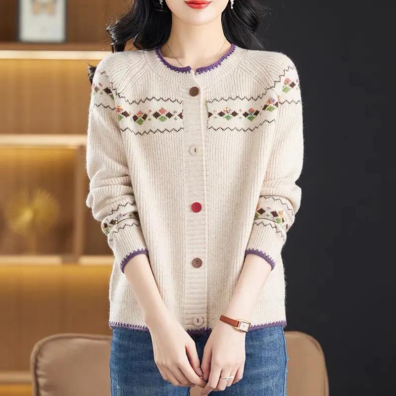 

Women Sweater Coat Retro Jacquard Knitwear Jacket Ladies Early Spring Autumn Outerwear Loose Top 2XL