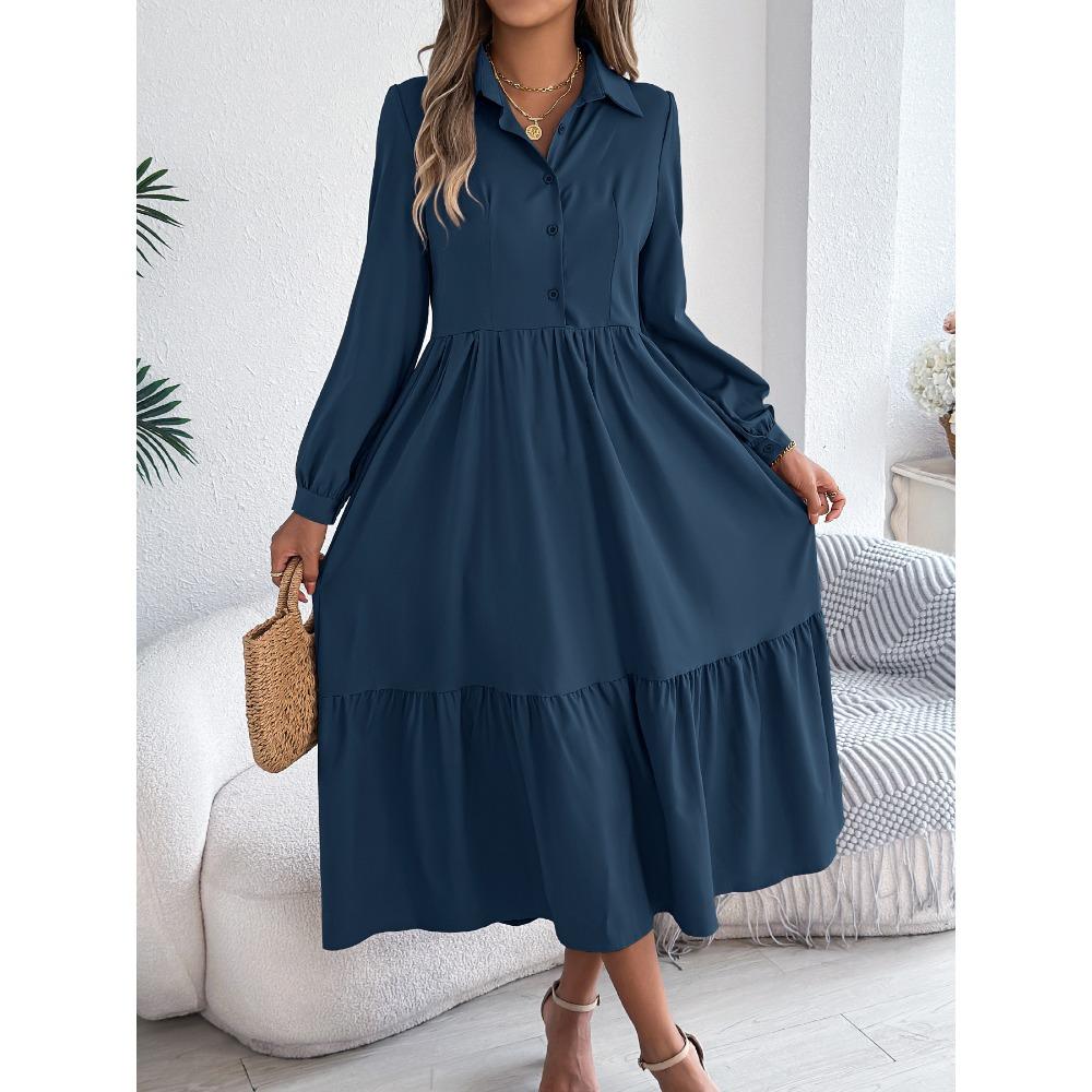 Women's Long Skirt Lapel Casual Loose Long Sleeve Ruffle Shirt Dress Fashion Dresses