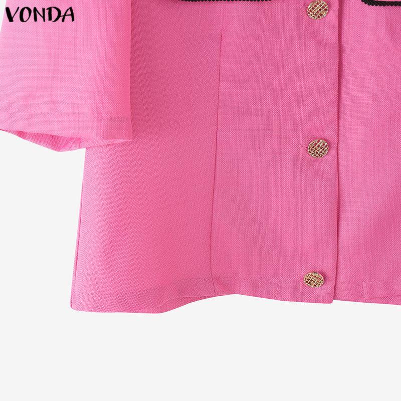 VONDA Women Short Sleeves Stitching Texture Casual Cropped Blouse Tops