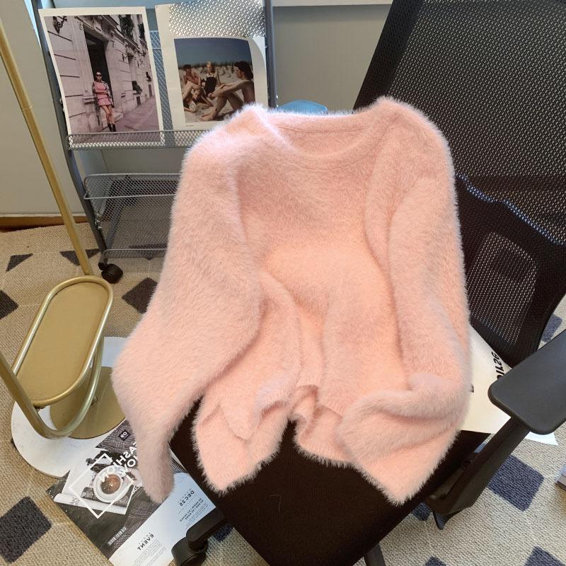 Pull d'extérieur ample pour femmes, style printemps et automne, doux et gluant, court devant et long derrière, fente en vison
