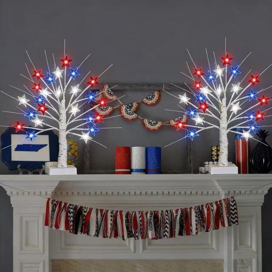 Independence Day LED Star Tree Decoration 18/24-Inch Patriotic Tabletop Light with 24 Red White Blue Stars 8 Modes Timer USB & Battery Powered 4th of