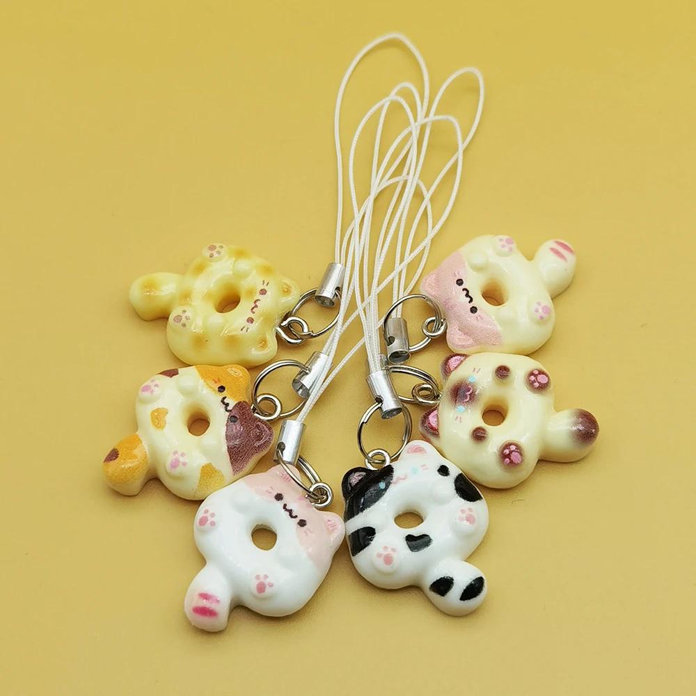 Adorable Kitten Donut Cat Phone Charm Strap Keycord Cute Lanyard Cellphone Case Pendant for Airpods Case Keychain Cord