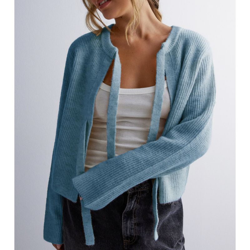 

European and American New Knitted Women s Top Solid Lace-up Cardigan Loose Sweater Cardigan Loose Sweater Light Blue L