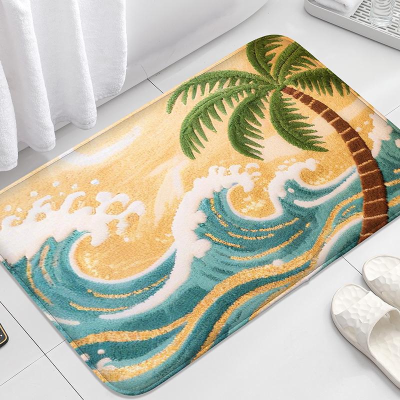 Wave Seahorse Pattern Bathroom Door Mat, Water Absorbent Small Carpet, Toilet Seat Mat, Decorative Floor Mat, Machine Washable