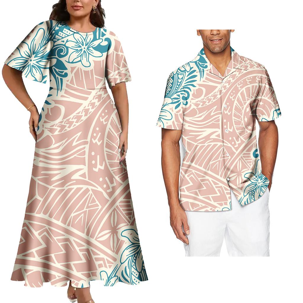 Tenues Assorties pour Couple Ensemble Deux Pièces Femme Robes de Soirée Assorties Chemises Homme Tenues de Couple Tribales Polynésiennes Samoa Personnalisées