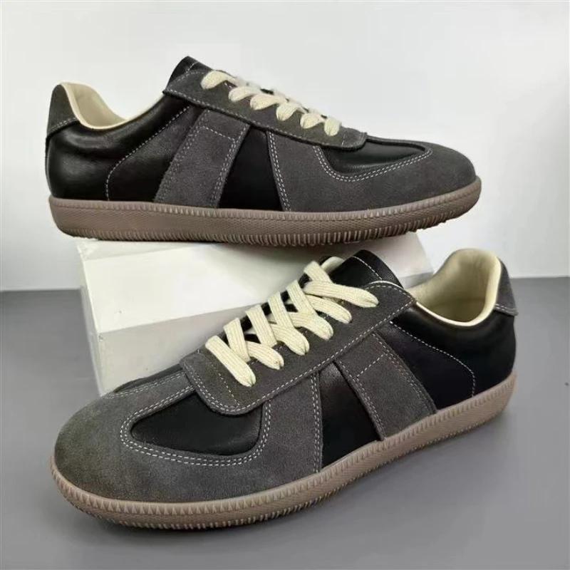 New Men Genuine Leather Casual Shoes Designer Striped Flat Skate Shoes Street Lace-up Loafers