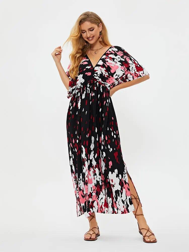 EDOLYNSA Ležérní Výstřih do V Krátký rukáv Třásně Dlouhé šaty Tunika Dámské Letní Oblečení Plážové Oblečení Plavky Zakrytí Q1498