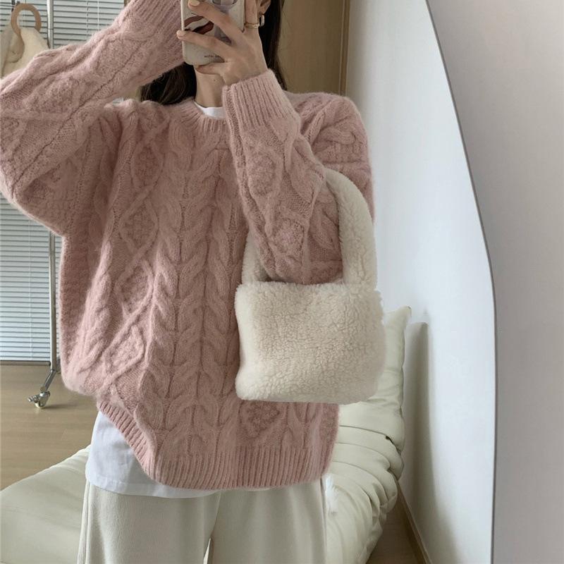 Women's 2024 Pink Cable Knit Pullover Sweater - Soft, Cozy Korean Style for Autumn/Winter, Loose Fit