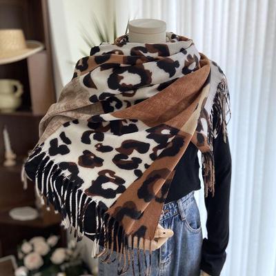 Double-Sided Leopard Print Cashmere-Feel Scarf with Tassels - Women's Autumn/Winter Neck Warmer